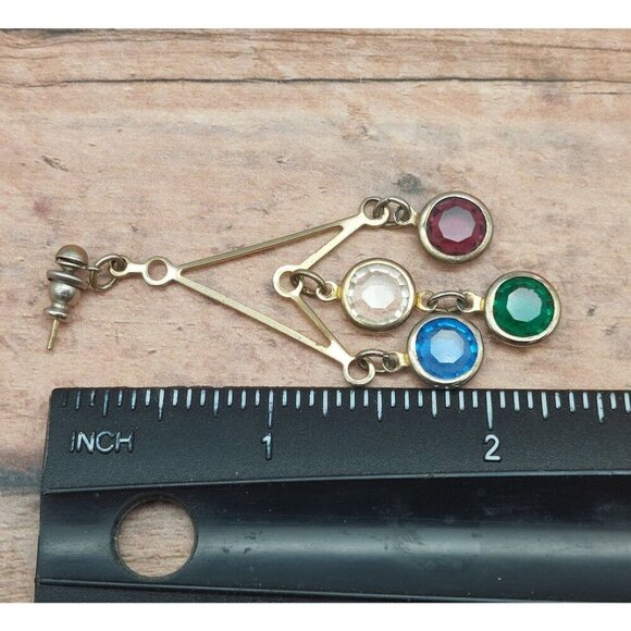 Silver Tone Statement Earrings Dangle Drop Bezel Set Colorful Crystals Geometric - Picture 4 of 4